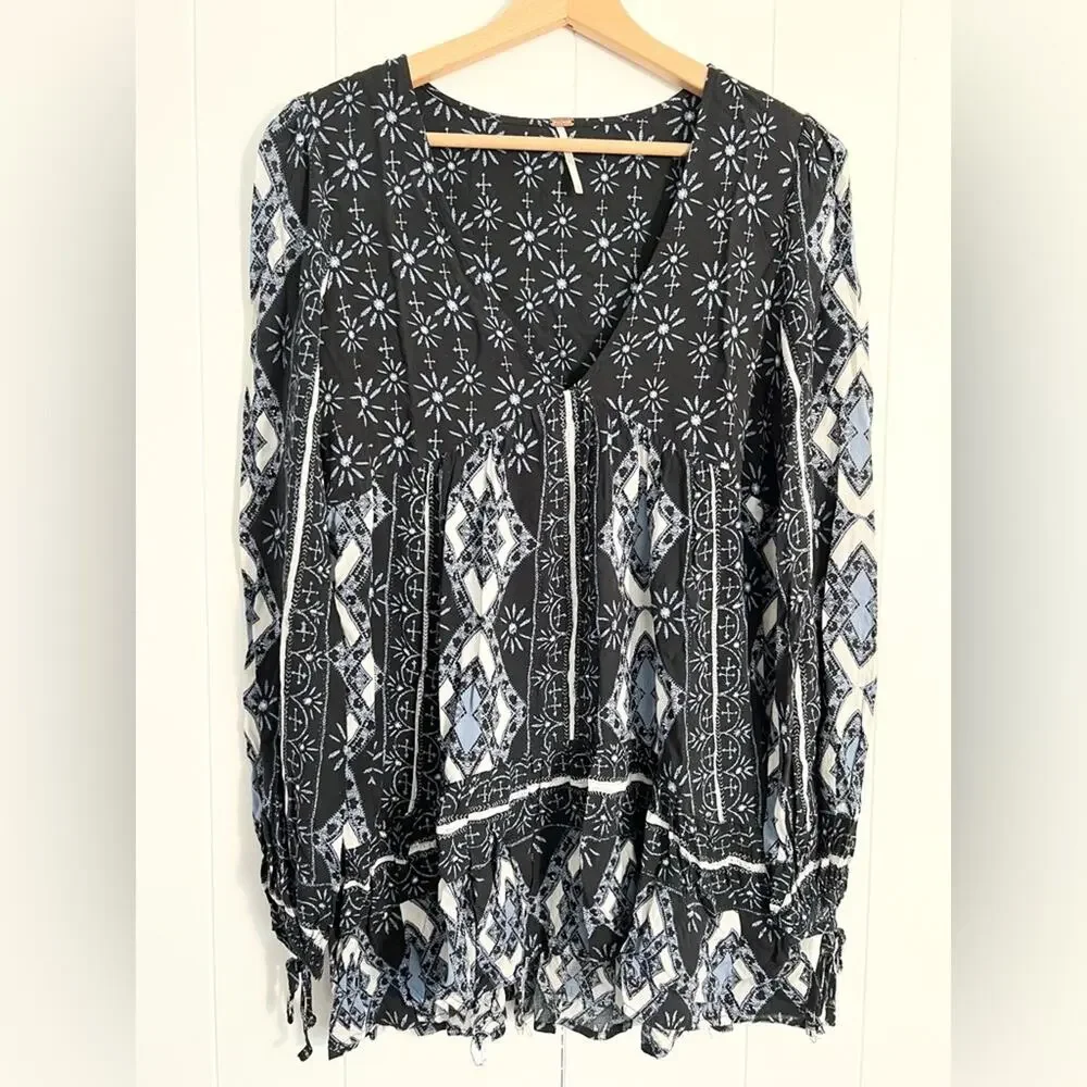 Free people down by the bay black tunic top printed boho coastal cowgirl